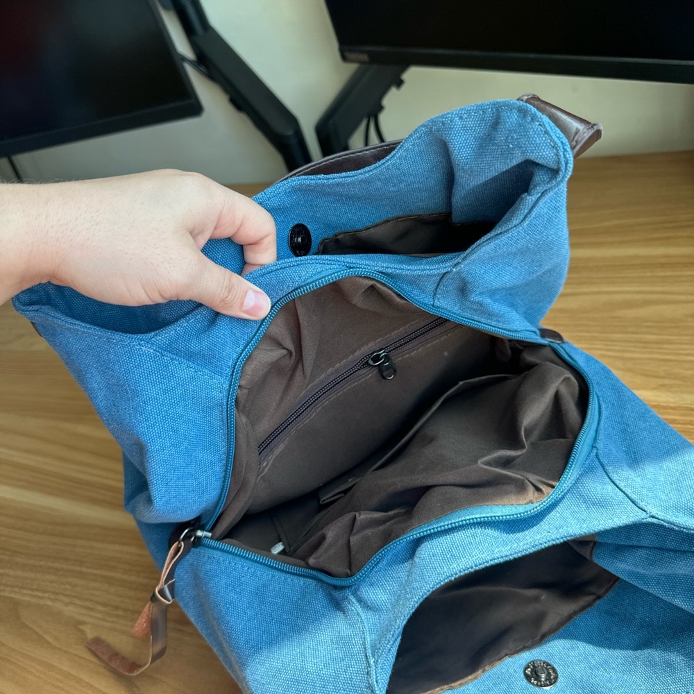 Blue Canvas Shoulder Bag with Brown Trim - Picture 6 of 10